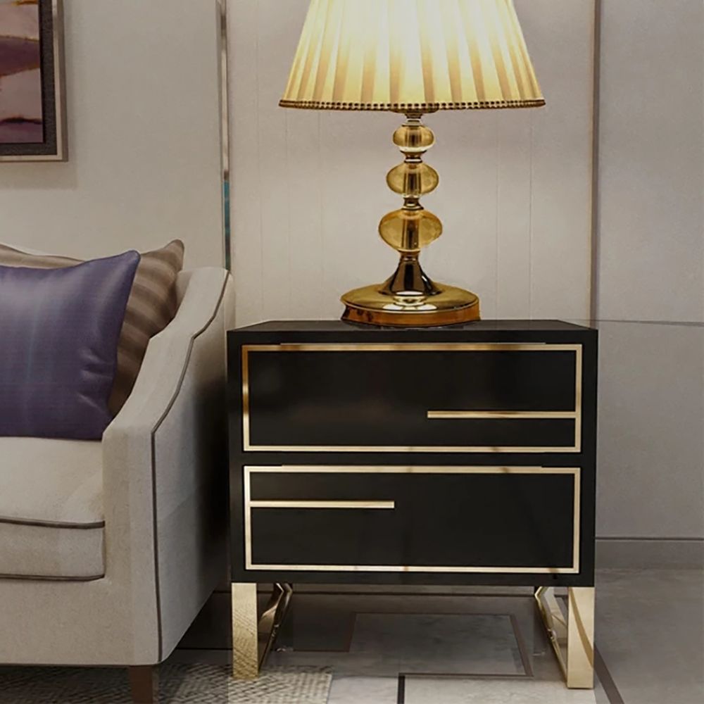 Modern Black Nightstand Lacquered 2 Drawer Bedside Table Gold Finish   3980ab930f4b440a83a2ab7675136d40 