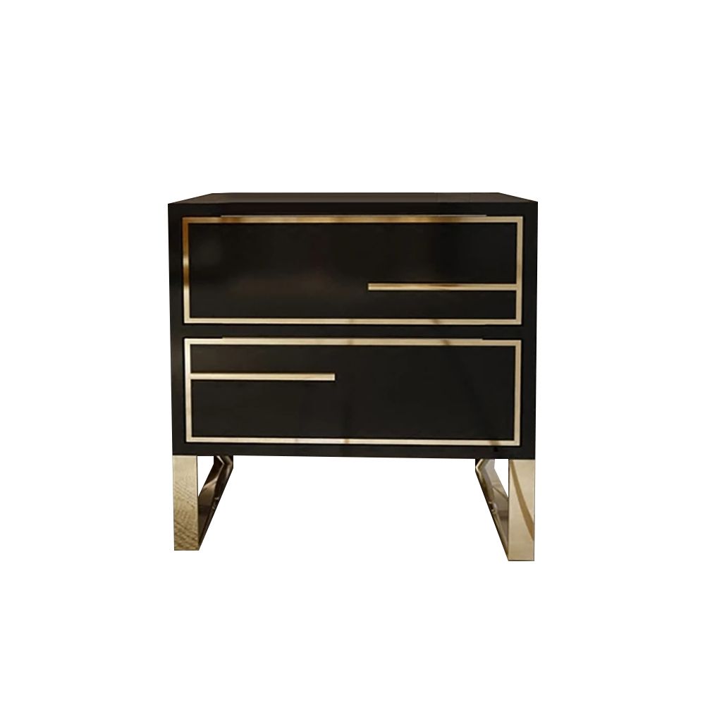 Modern Black Nightstand Lacquered 2Drawer Bedside Table Gold Finish