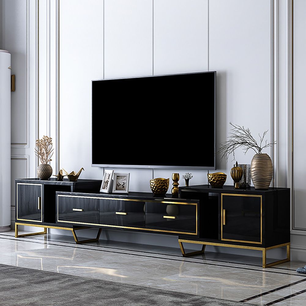 Black TV stand Tempered Glass Top Extendable 3Drawer 2Door Media Console