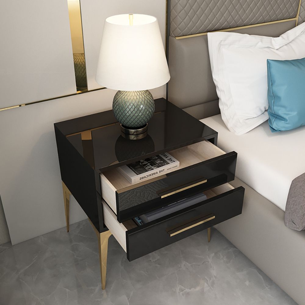 Modern Black Nightstand Glossy 2Drawer Bedside High Legs