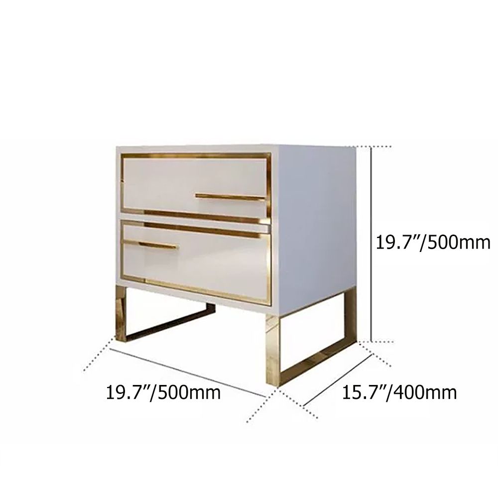 Modern White Nightstand Lacquered 2Drawer Bedside Table Gold Finish