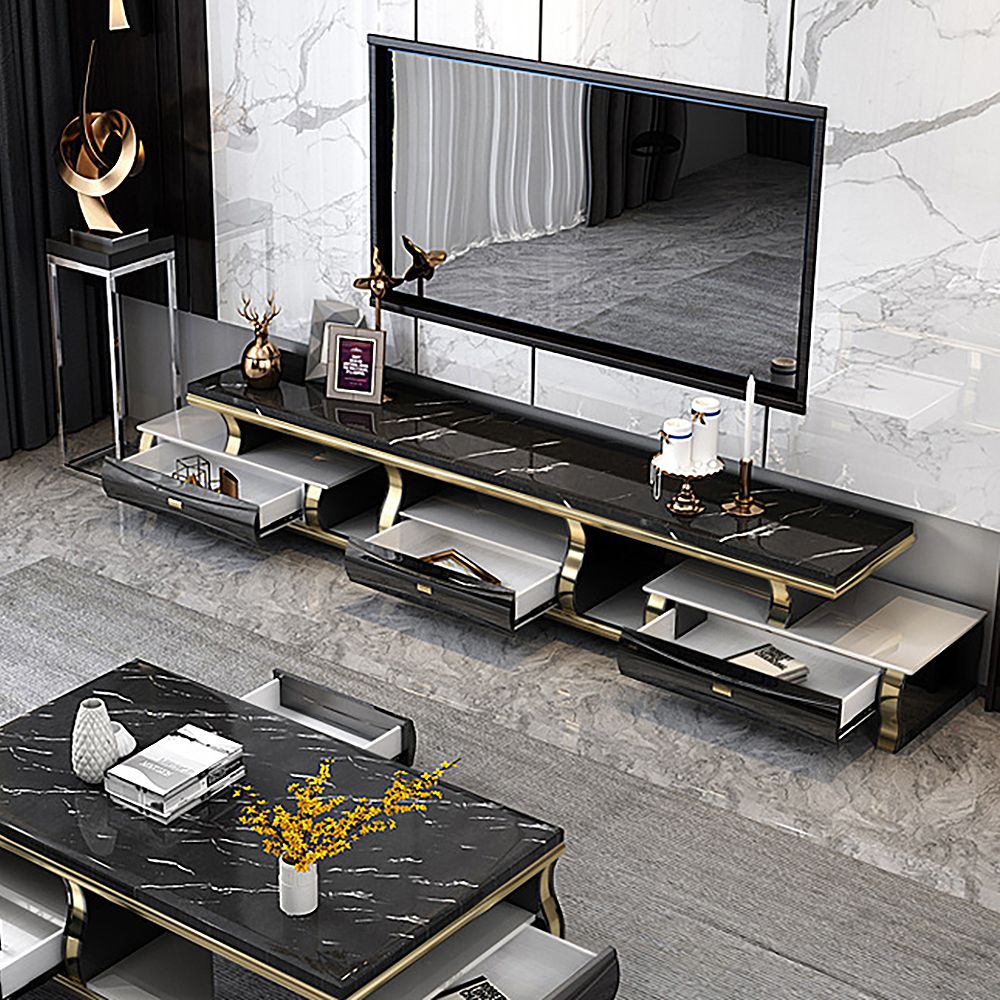 3000mm Extendable Black TV Stand Faux Marble Top 3-Drawer Media Console