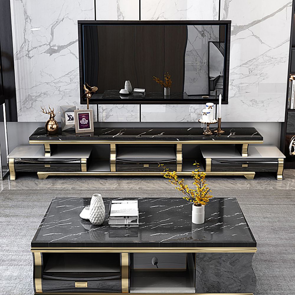 3000mm Extendable Black TV Stand Faux Marble Top 3-Drawer Media Console