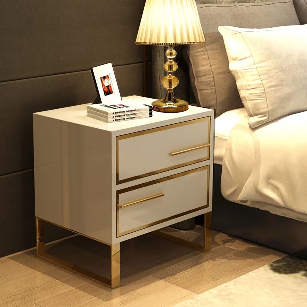 Modern White Nightstand Lacquered 2Drawer Bedside Table