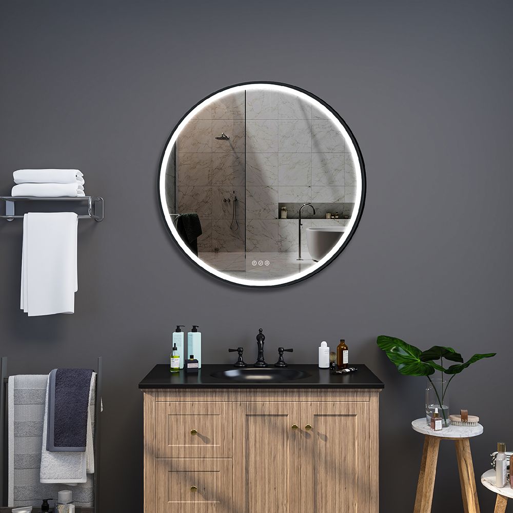 Matte Black Frame Round Wall-Mounted LED Bathroom Mirror Anti-Fog