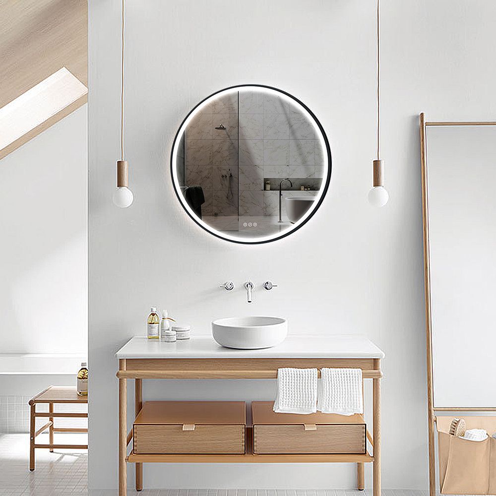 Matte Black Frame Round WallMounted LED Bathroom Mirror AntiFog