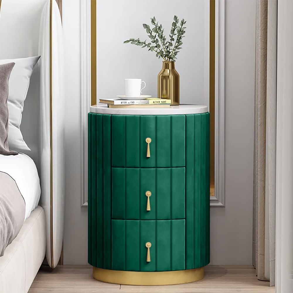 Modern Nightstand Green Round Nightstand with 3 Drawers Nightstand with