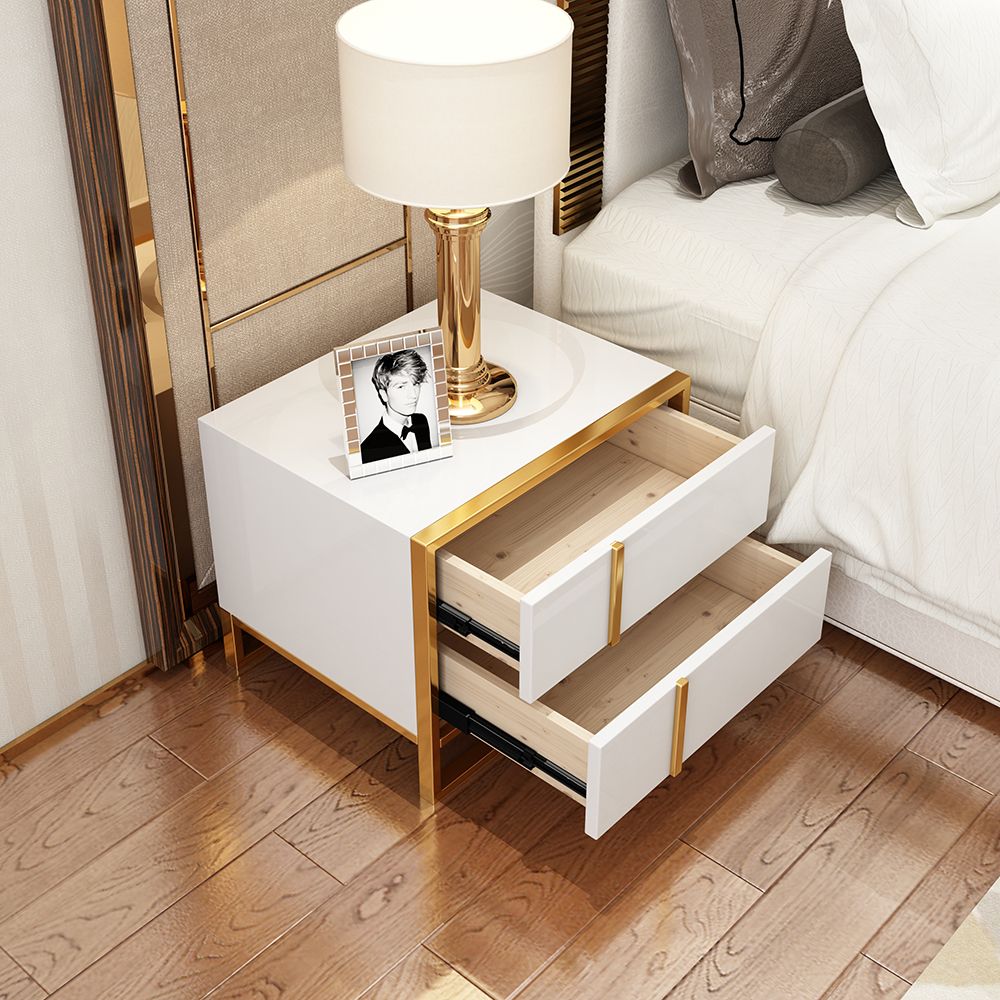 White Lacquer Bedroom Nightstand Stainless Steel in Gold