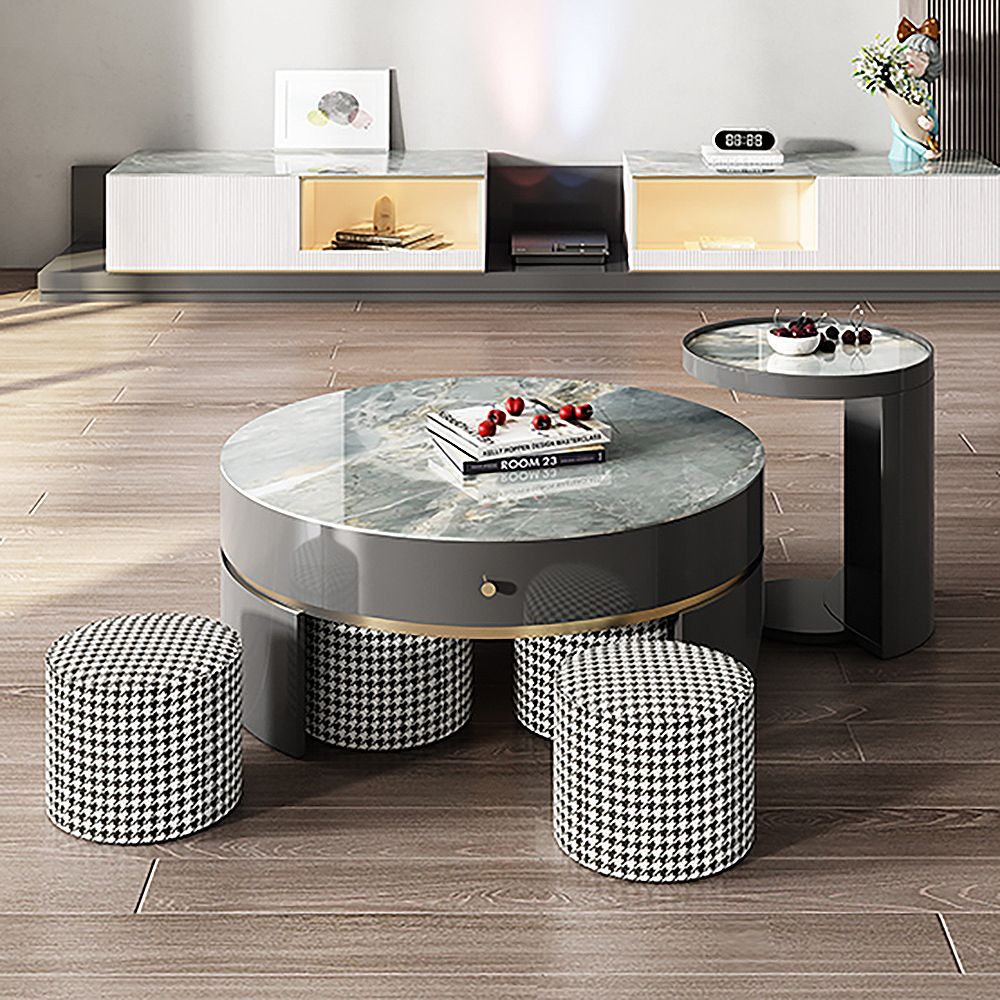 Round Stone Top Coffee Table 3Piece Set with 2 Drawers & 1 Stool in Black