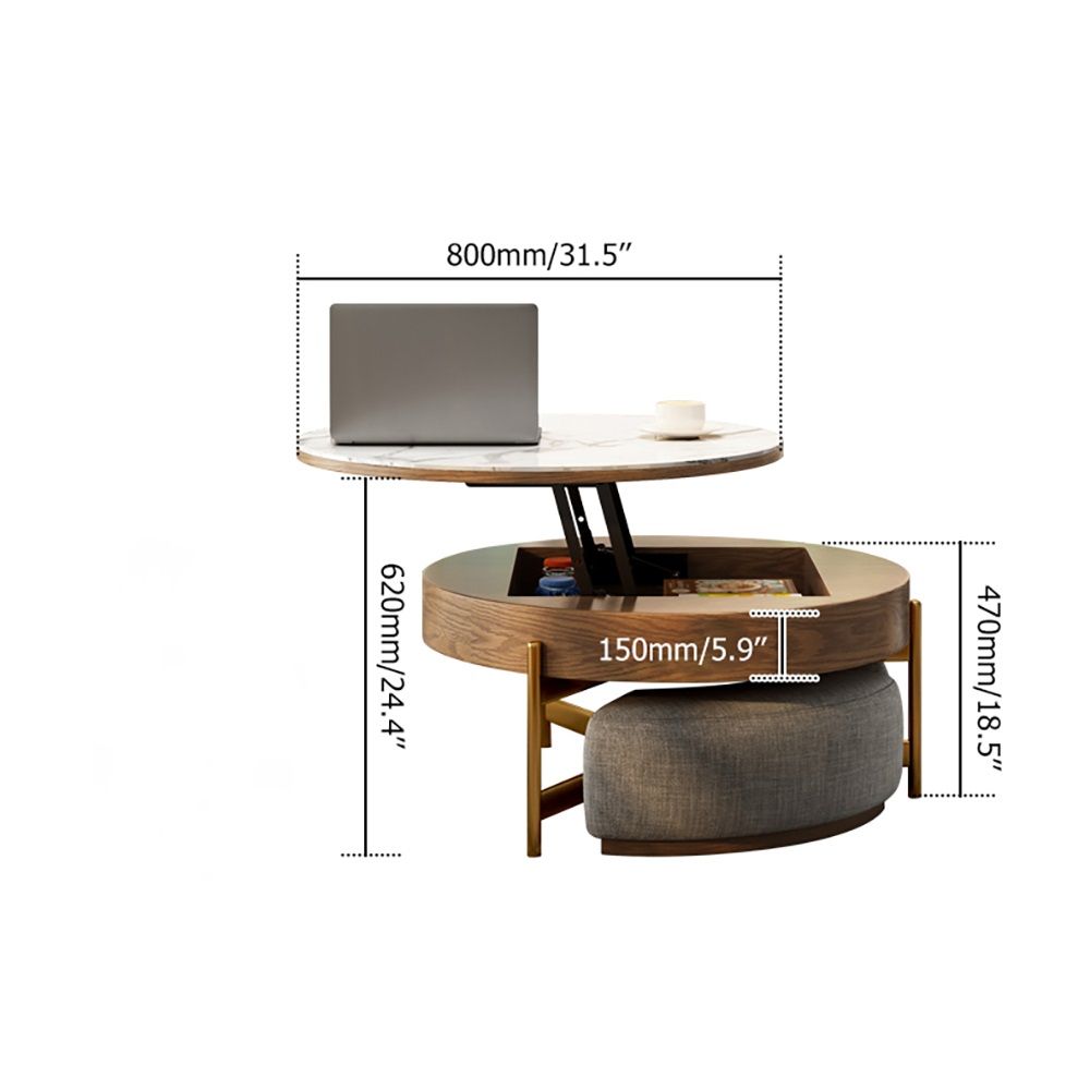 Round LiftTop Coffee Table with Storage White & Natural without Stools