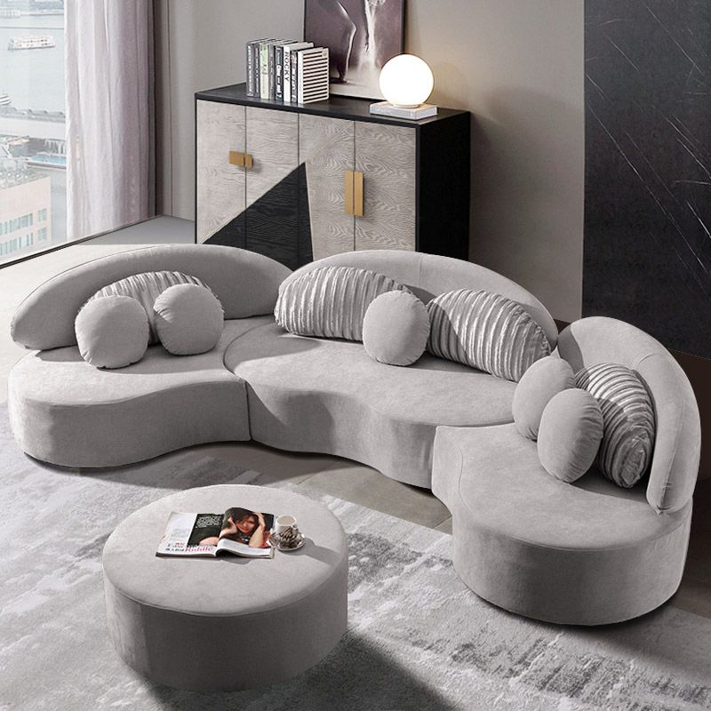 Sofá Moderno de Terciopelo Gris de 7 Plazas con Almohada y Puf