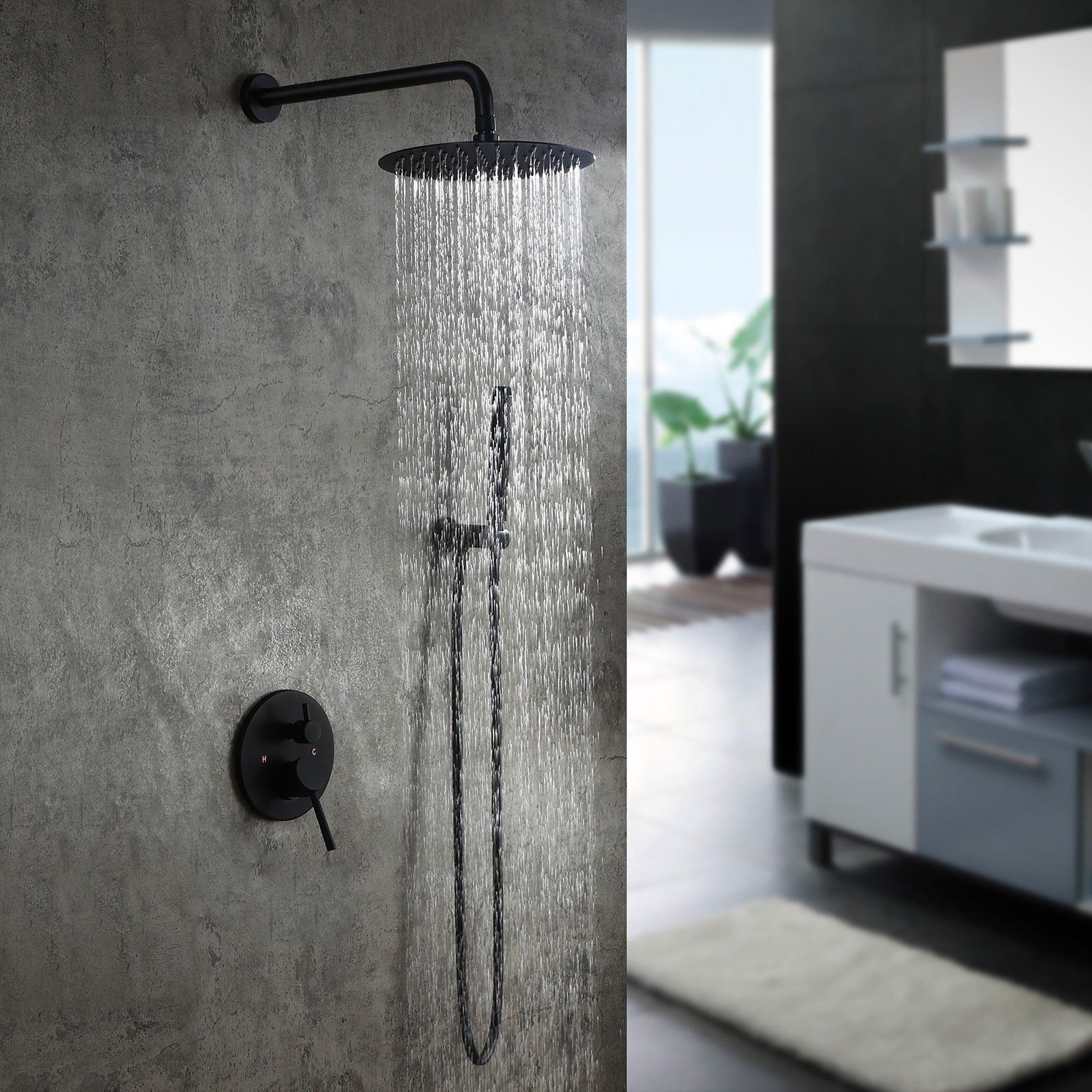 Modern Matte Black Wall Mounted Rain Shower System With 12 Round Rainfall Shower Head Handheld Shower Set Solid Brass