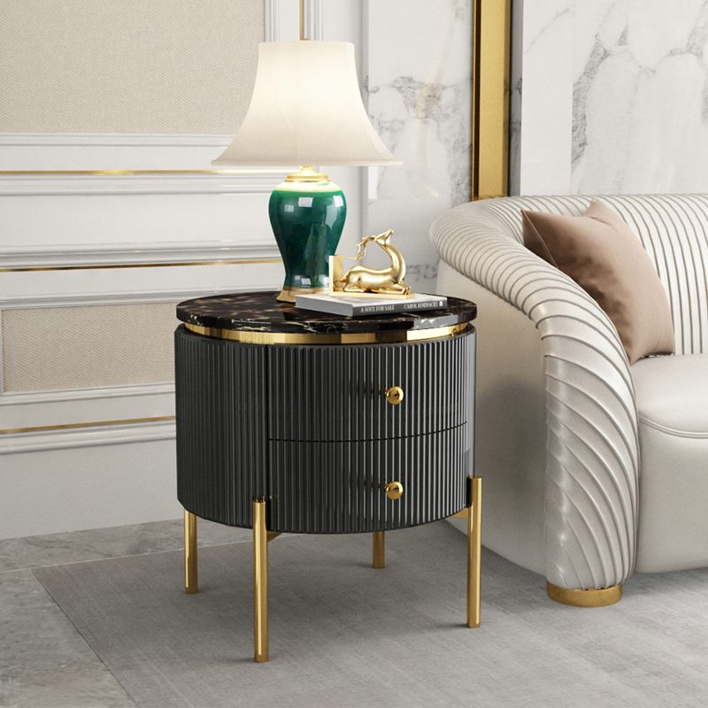 Modern Round End Table With Storage Black Faux Marble Side Table Gold Legs