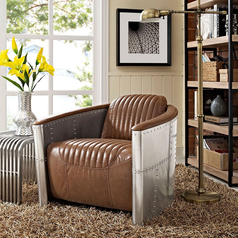 Zado Industrial Loft Upholstered Aviator Chair Brown Leather Barrel Chair