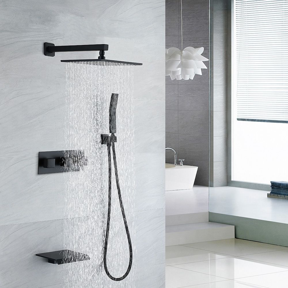 Contemporary 10 Wall Mounted Square Rain Shower System With Hand Shower And Waterfall Tub Spout 