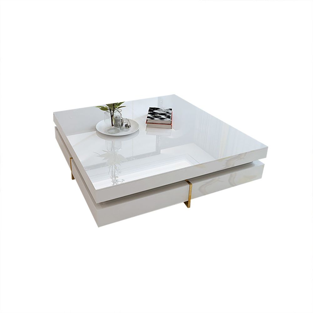 White Modern Square Coffee Table with Drawers Tempered Glass Top