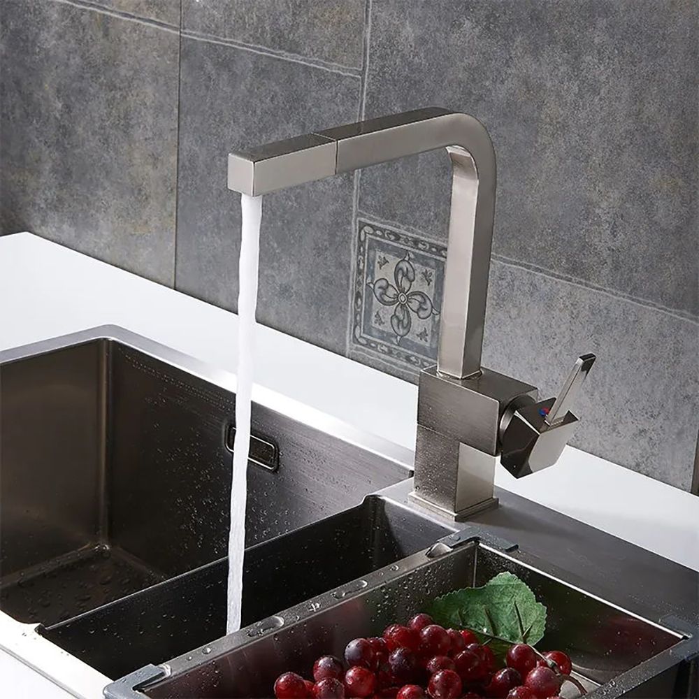 Contemporary Single Handle Square PullOut Brass Kitchen Faucet in