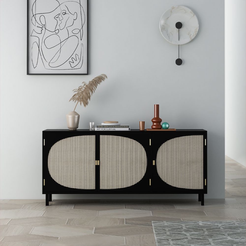 63\u0026quot; Rectangular Black Rattan Sideboard Buffet 3 Doors Storage Cabinet ...