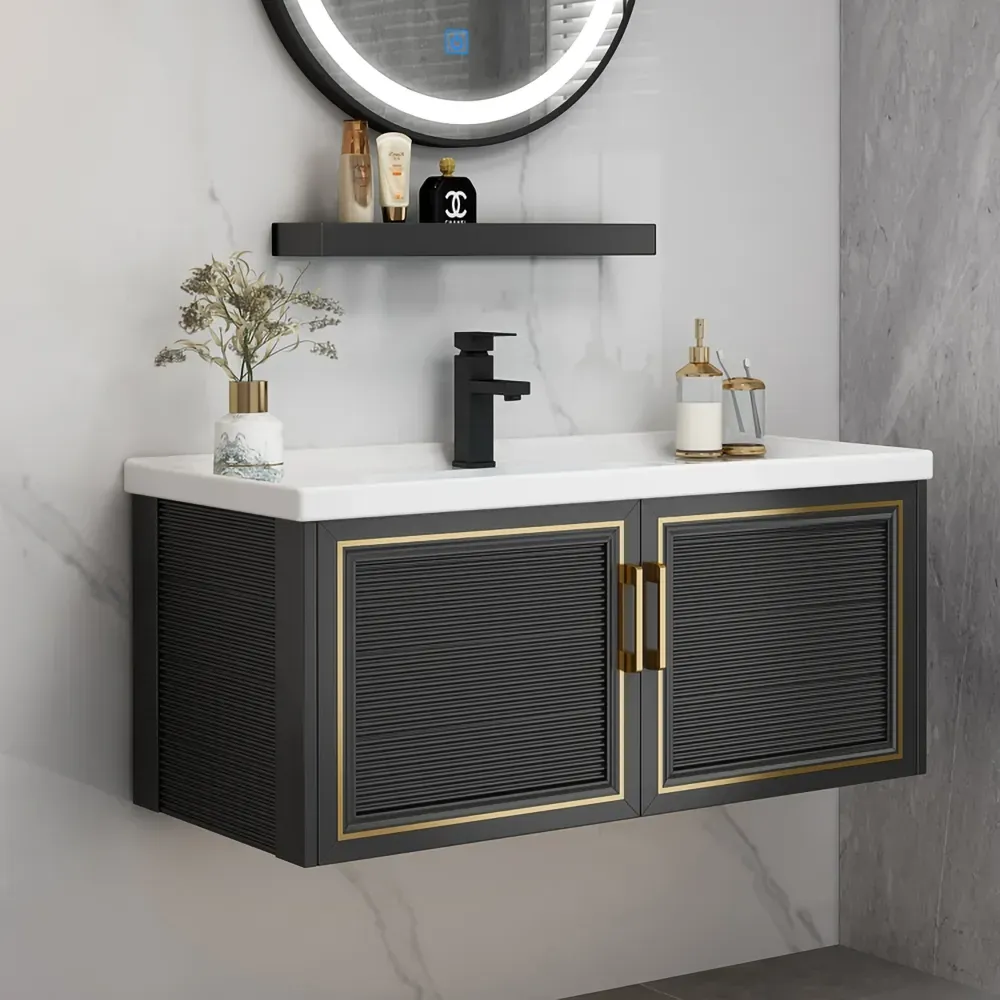 Black Wall Hung Bathroom Vanity Cabinet With Top 27 9 Ceramic Drop In Sink Gold Pull