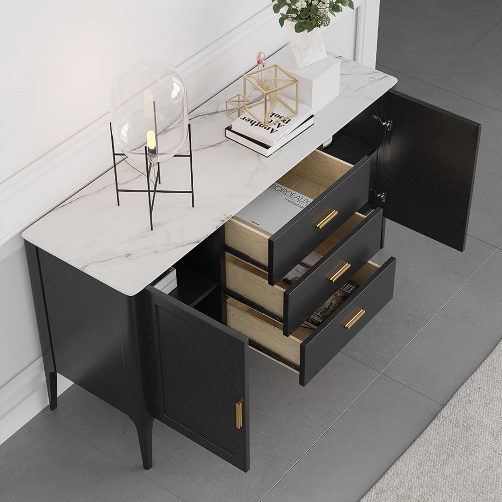 Modern Black Faux Marble Top Buffet Drawers & Doors Kitchen