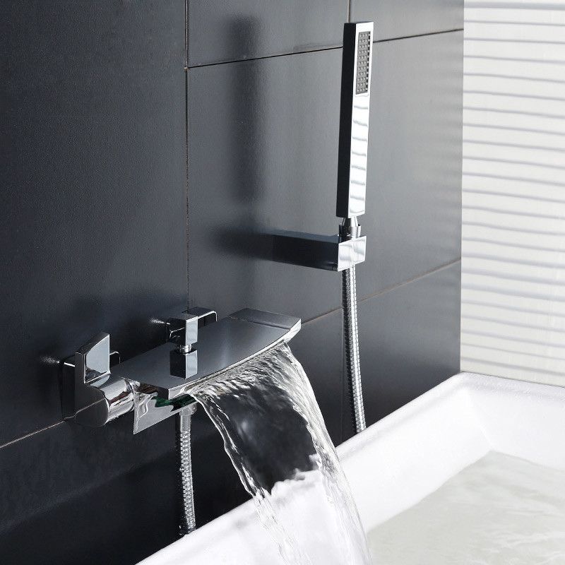 Contemporary Wall Mount Waterfall 2Handle Chrome Bathtub Filler Faucet