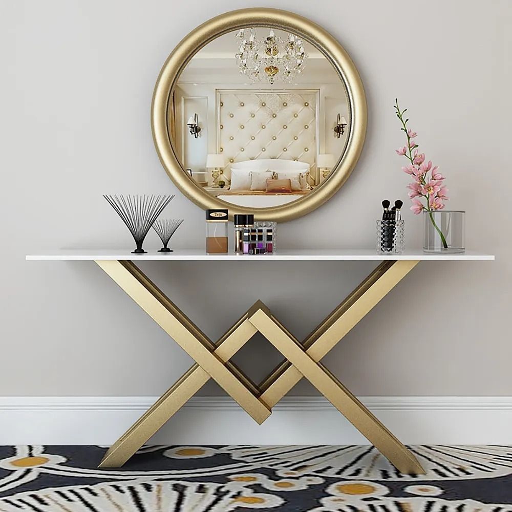 White & Gold Narrow Console Table Accent Table For Entryway X Base