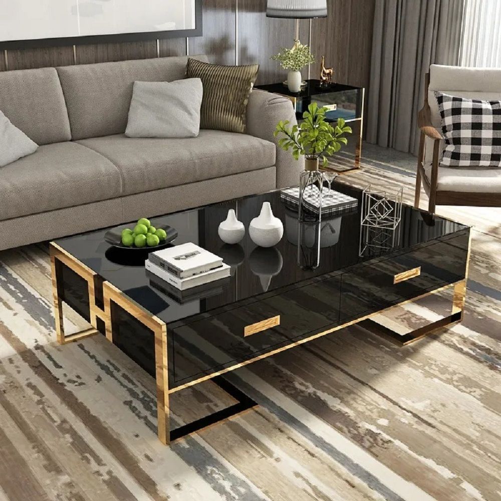 Jocise Contemporary Black Rectangular Coffee Table with Drawers Lacquer ...