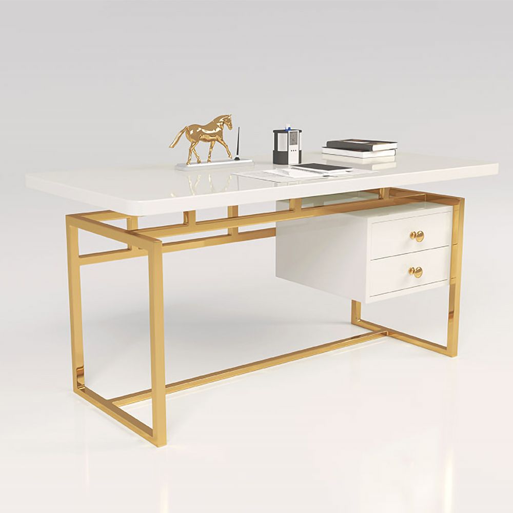 1200mm White Writing Desk Modern Computer Desk with 2Drawer in Gold