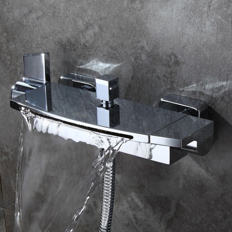 Contemporary Wall Mount Waterfall 2 Handle Chrome Bathtub Filler Faucet With Hand Shower 6670