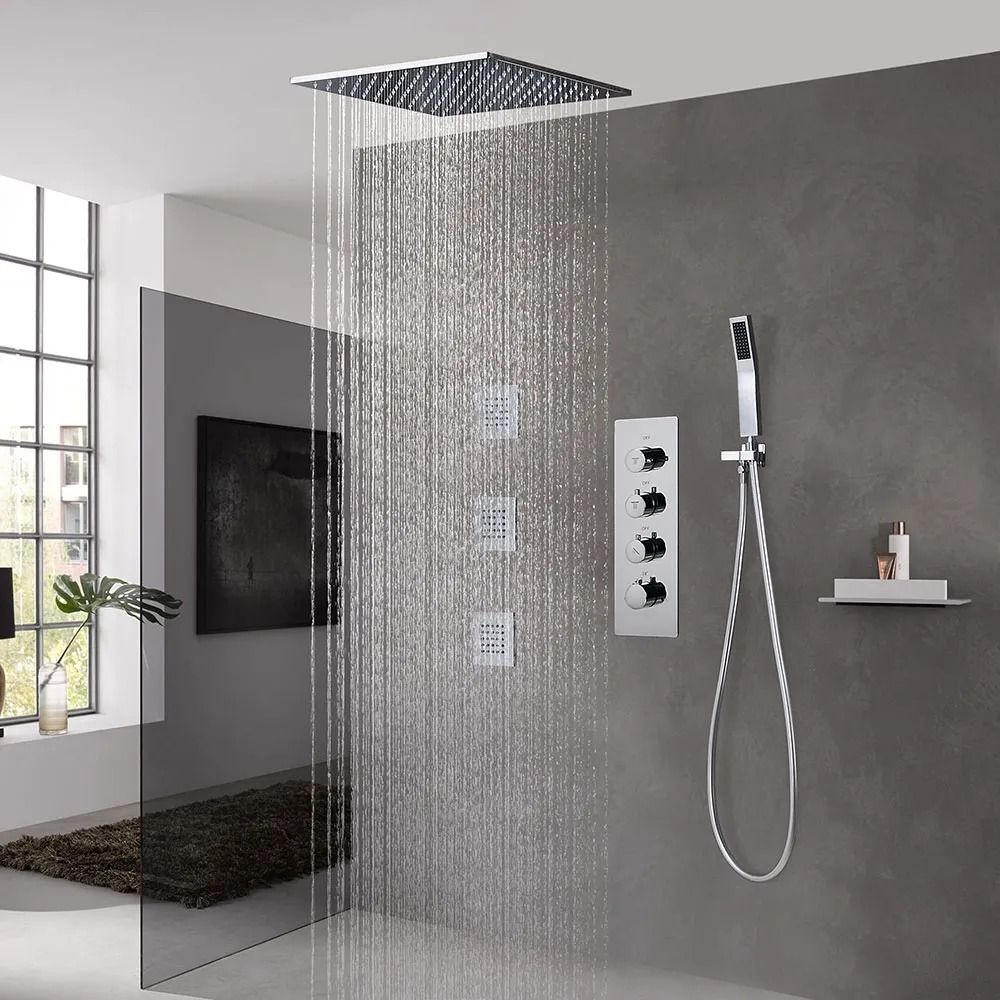 Modern Style 16 Polished Chrome Square Rain Shower System With Handheld Shower And 3 Body Sprays