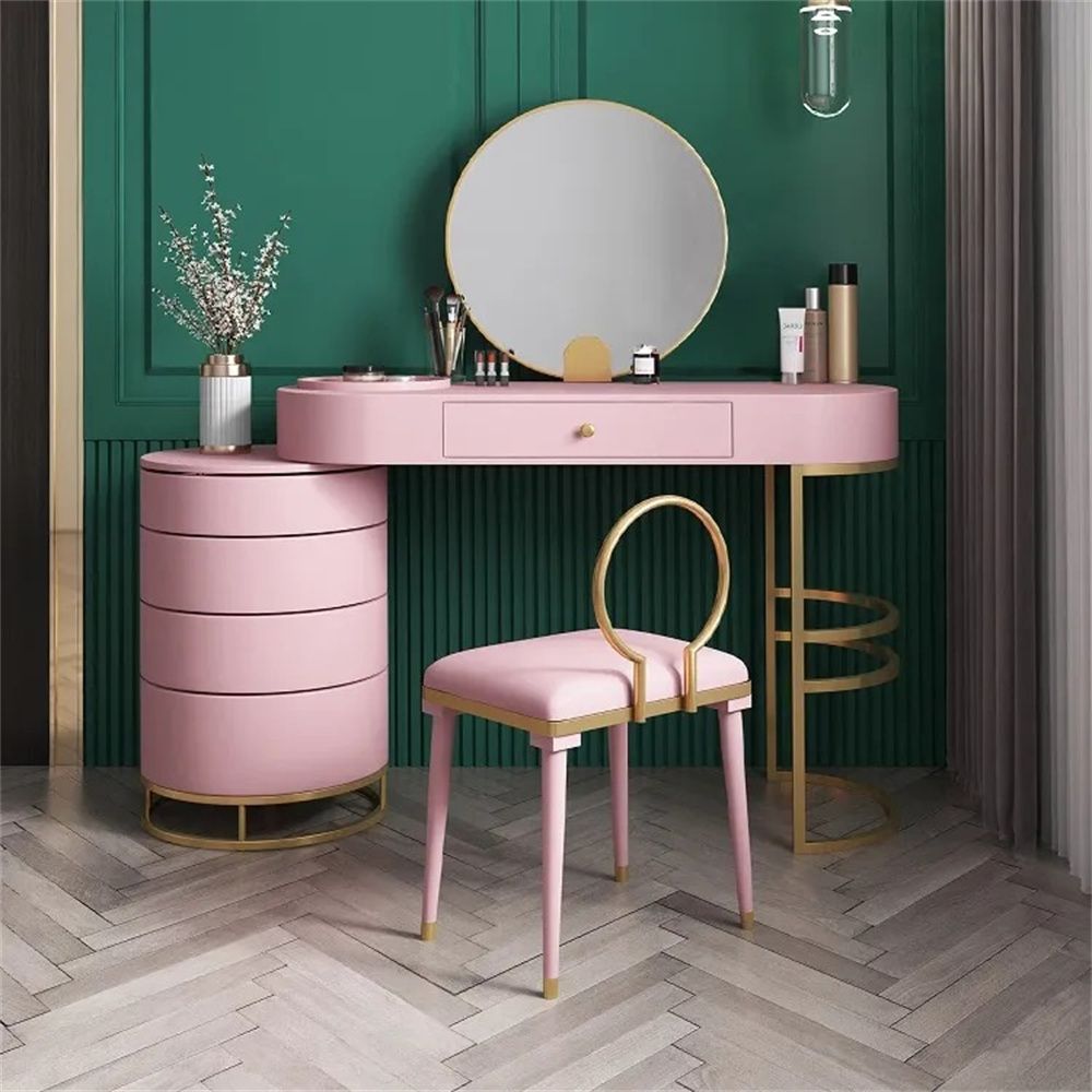 Pink Makeup Vanity Dressing Table with Swivel Mirror & Stool