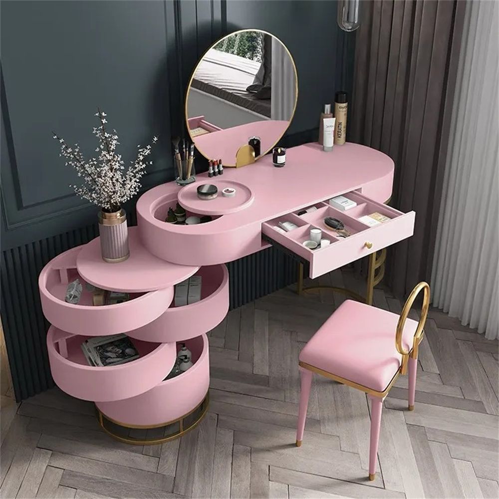 Pink Makeup Vanity Dressing Table With Swivel Cabinet Mirror Stool Included