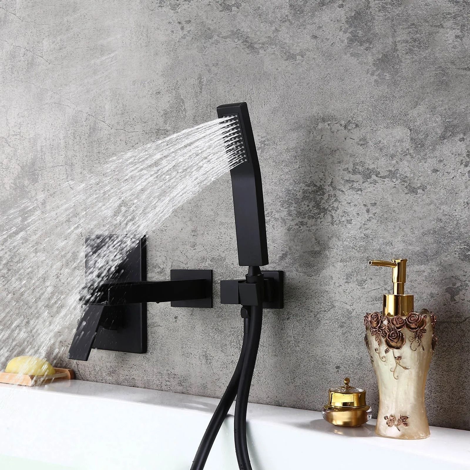 Modern Waterfall Wall Mount Solid Brass Bathtub Filler Faucet And Handshower In Matte Black 2576