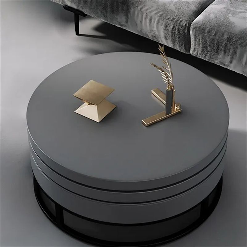 Gray Round Swivel Coffee Table with Storage Carbon Steel Base