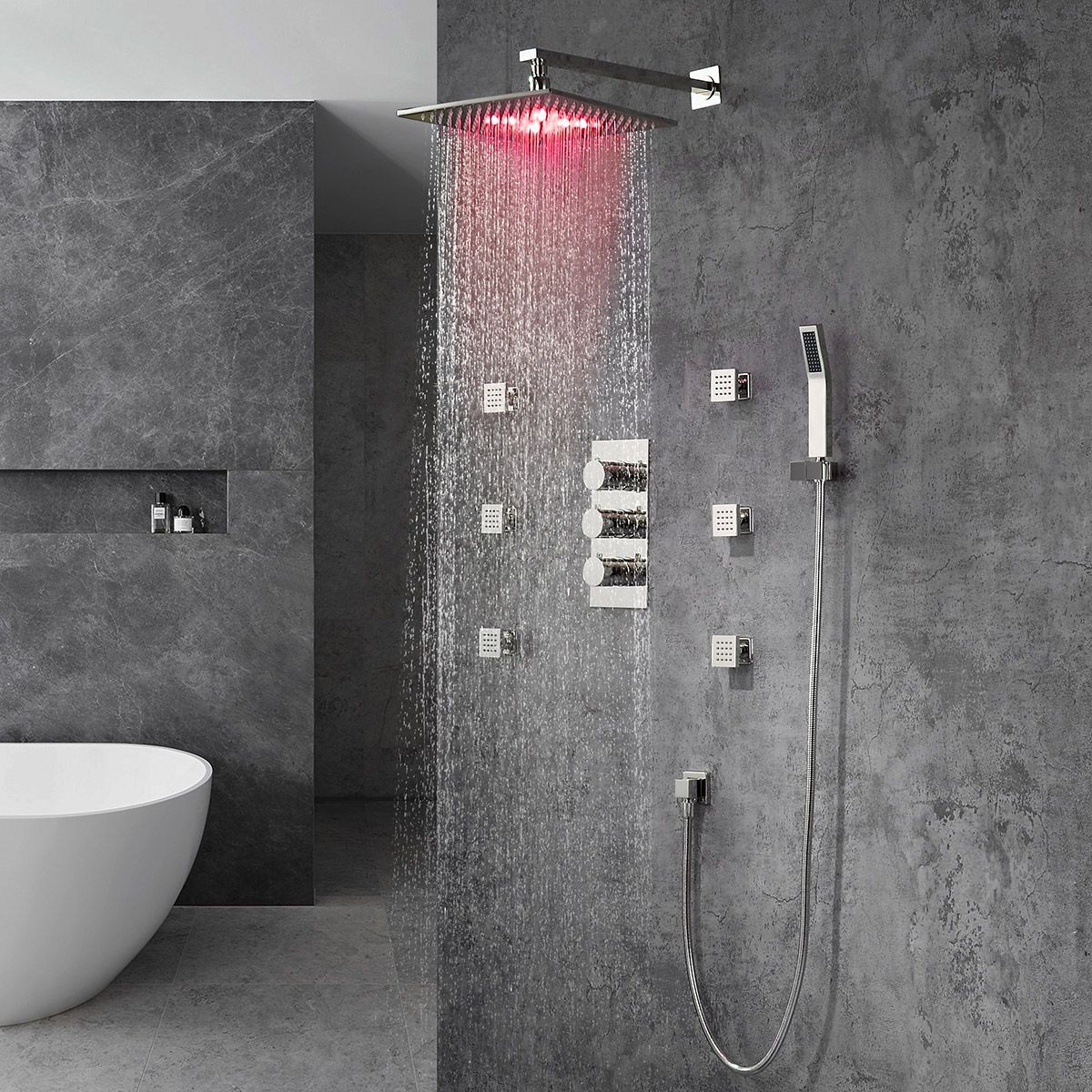Modern LED Wall Mount 12" Rain Head with Hanshower & Body Spray Jets