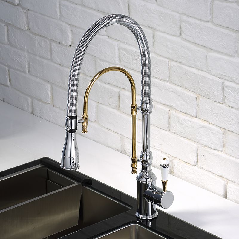 High Arc Dual-Mode Pulldown-Küchenarmatur aus massivem Messing mit
