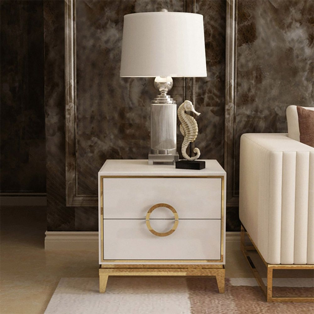 Gold Nightstand White Bedroom Nightstand with 2 Drawers Square BedsideTable
