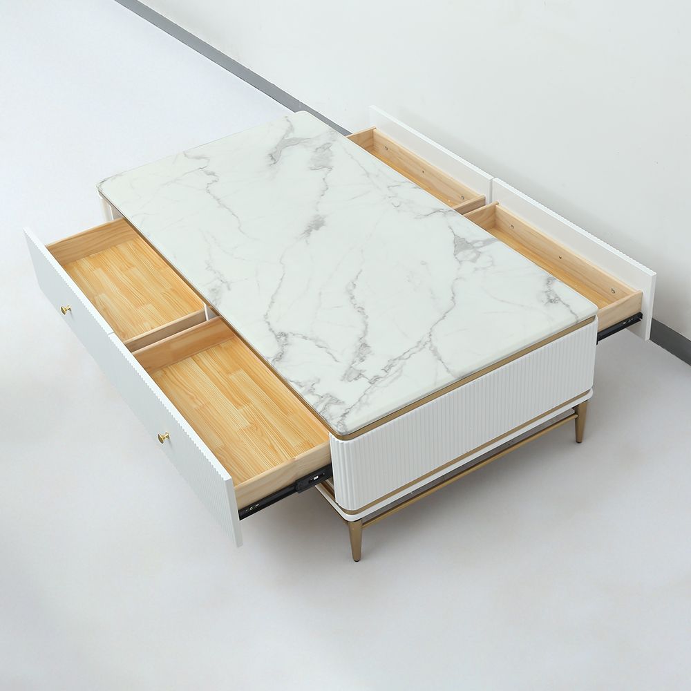 Couchtisch Weiß aus Kunstmarmor mit Aufbewahrung 4 Schubladen