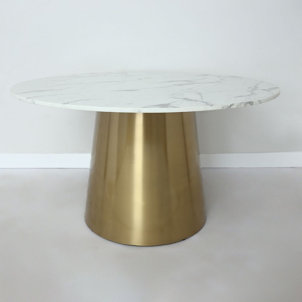 Modern Round Pedestal Marble Dining Table Golden Stainless Steel Base