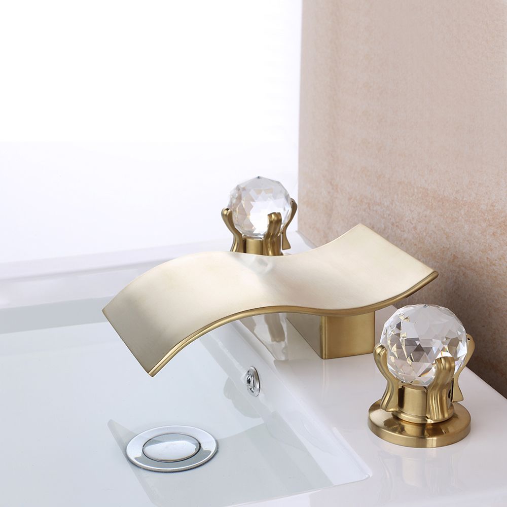 Deck Mount Widespread Waterfall Crystal Handle Bathroom Sink Faucet In Brushed Gold