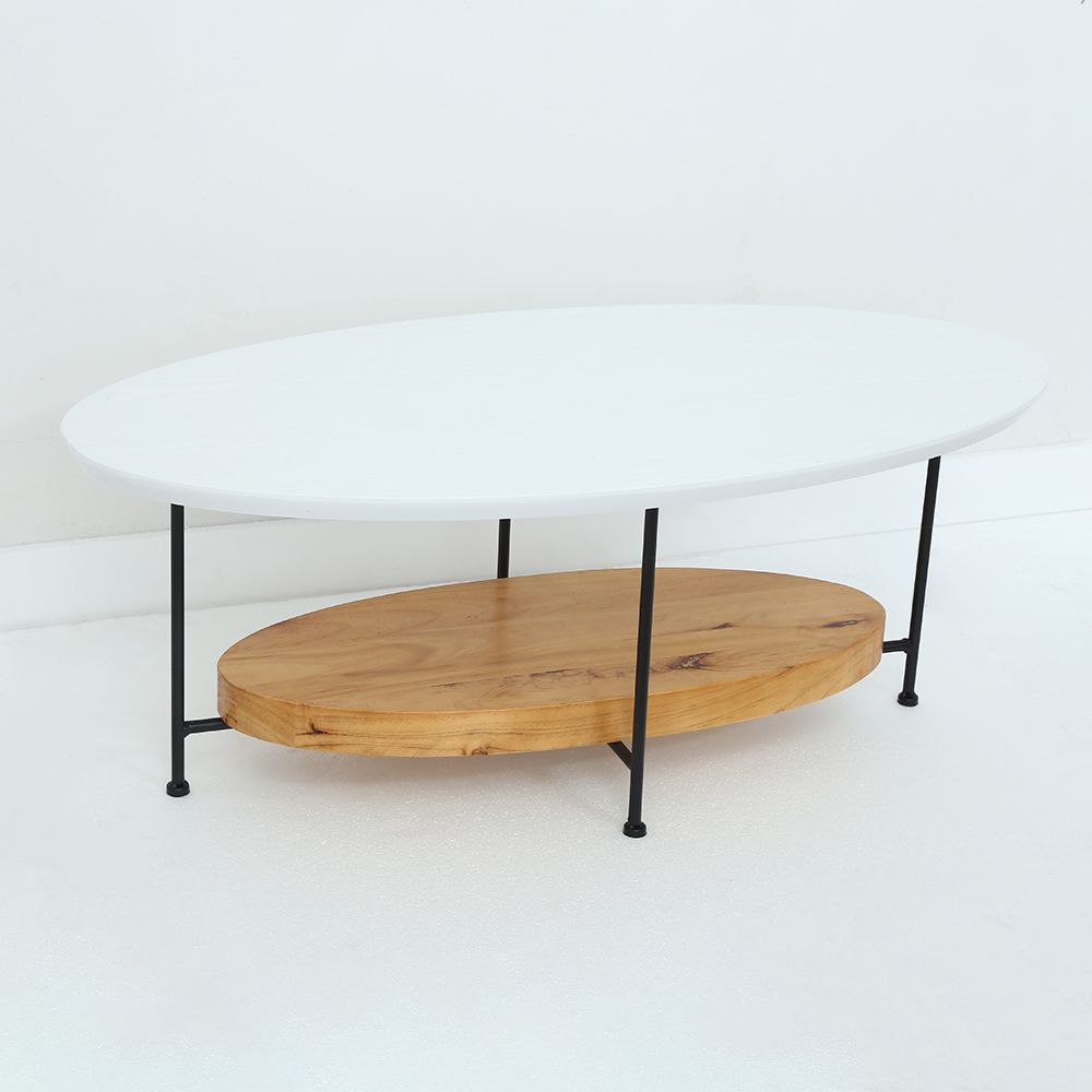 39" White & Natural Oval Coffee Table with Storage Shelf