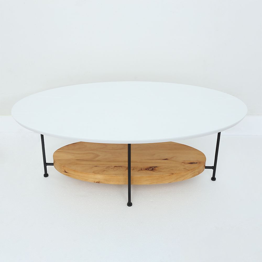 39" White & Natural Oval Coffee Table with Storage Shelf Water Proof