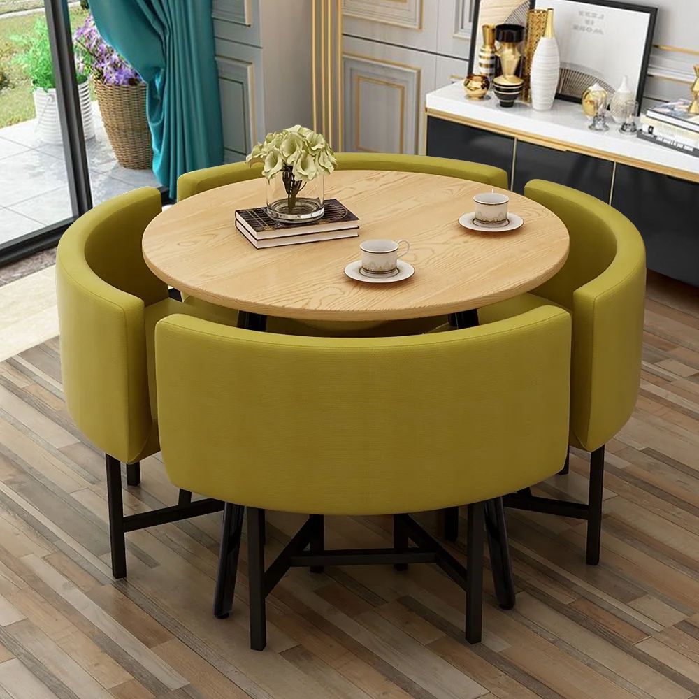 39.4" Round Wooden Small Dining Table Set 4 Upholstered Chairs for Nook