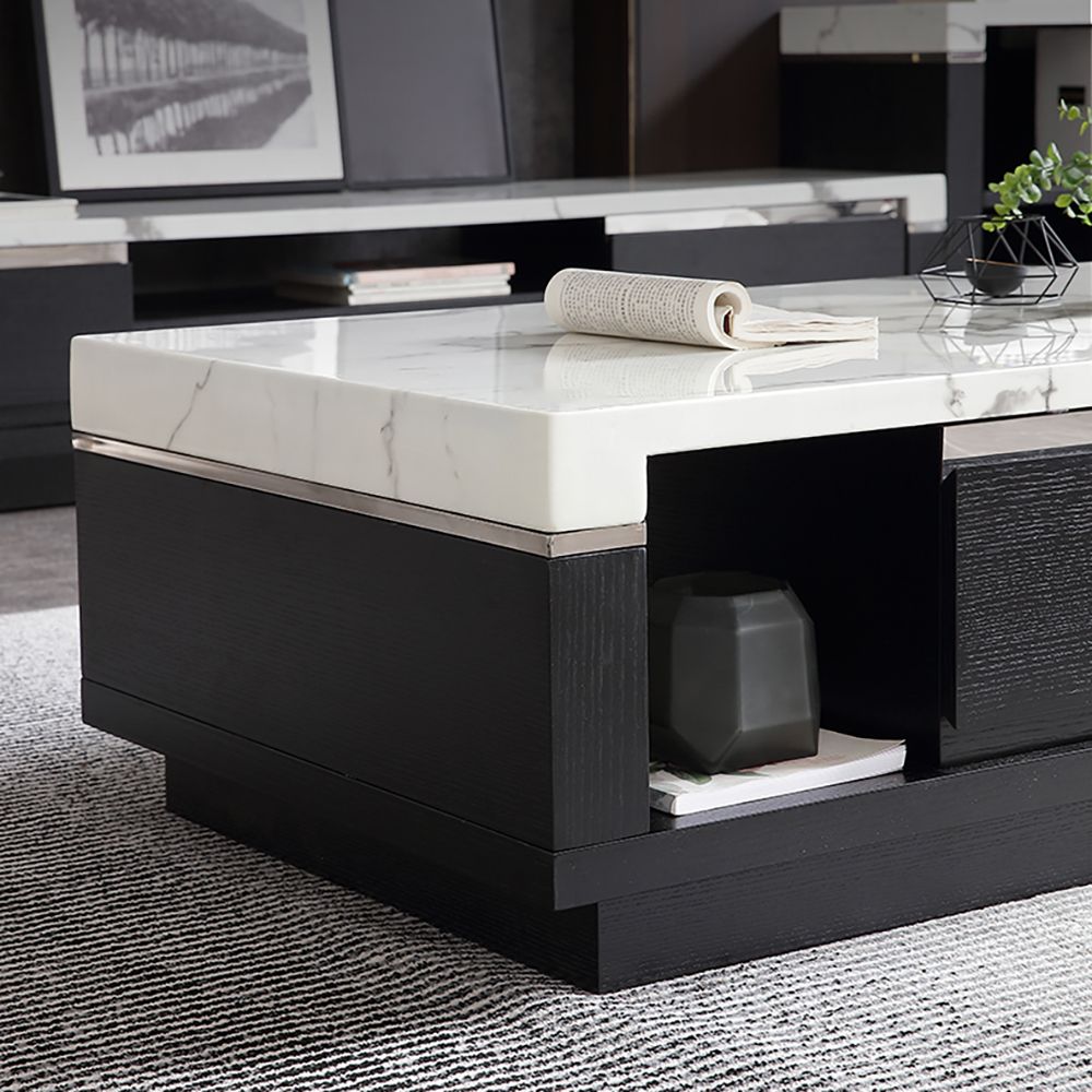 Modern Marble Coffee Table with Storage & Drawers in Wood