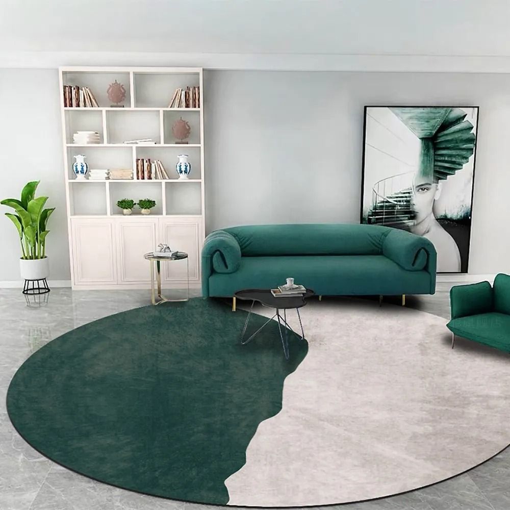 Modern Round Area Rug 5' Abstract Green and White Indoor Area Rug in