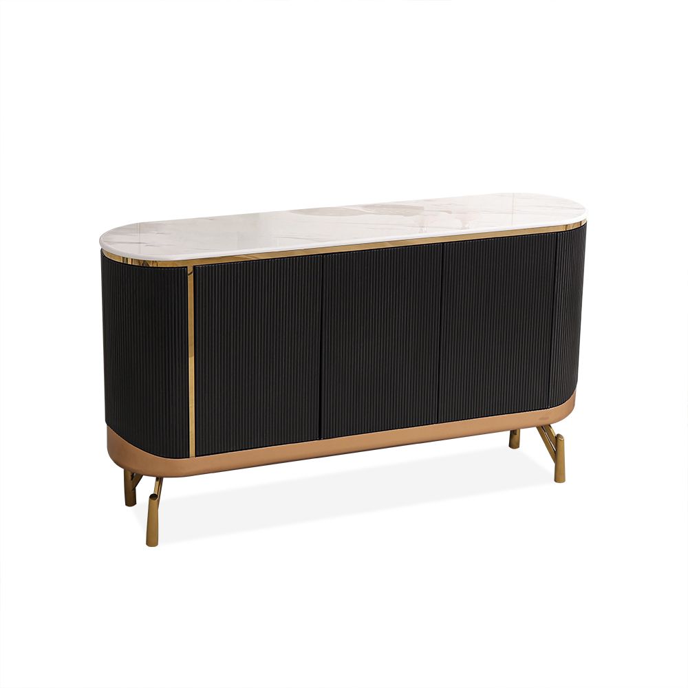 Minimalist Black Buffet Oval Faux Marble Top Sideboard 4 Doors & Shelves