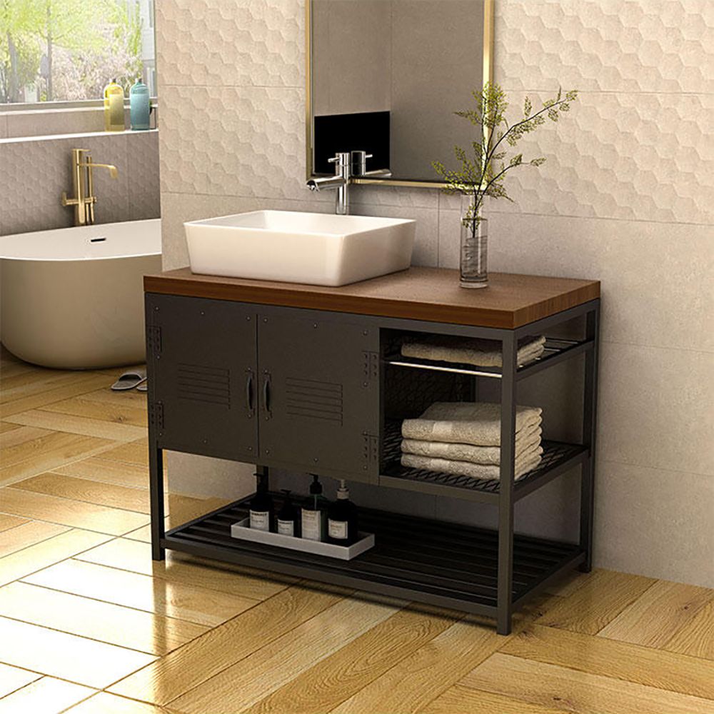 Industrial FreeStanding Bathroom Vanity Walnut & Black 3 Towel Shelves