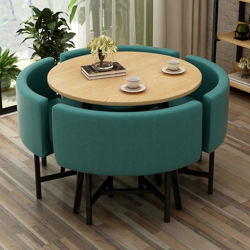 39.4" Round Wooden Small Dining Table Set 4 Upholstered Chairs for Nook Balcony