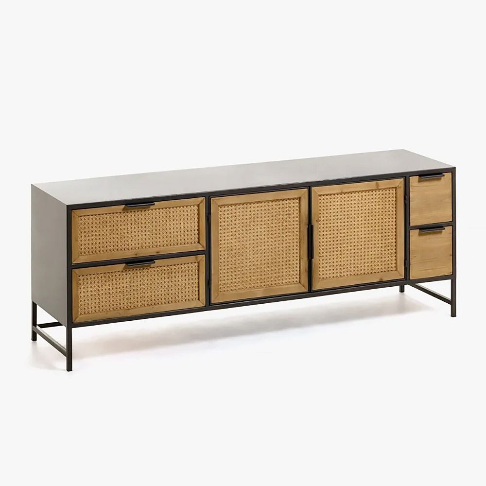 59.1" Rattan & Metal TV Stand Natural & Gray TV Console with 4 Drawers