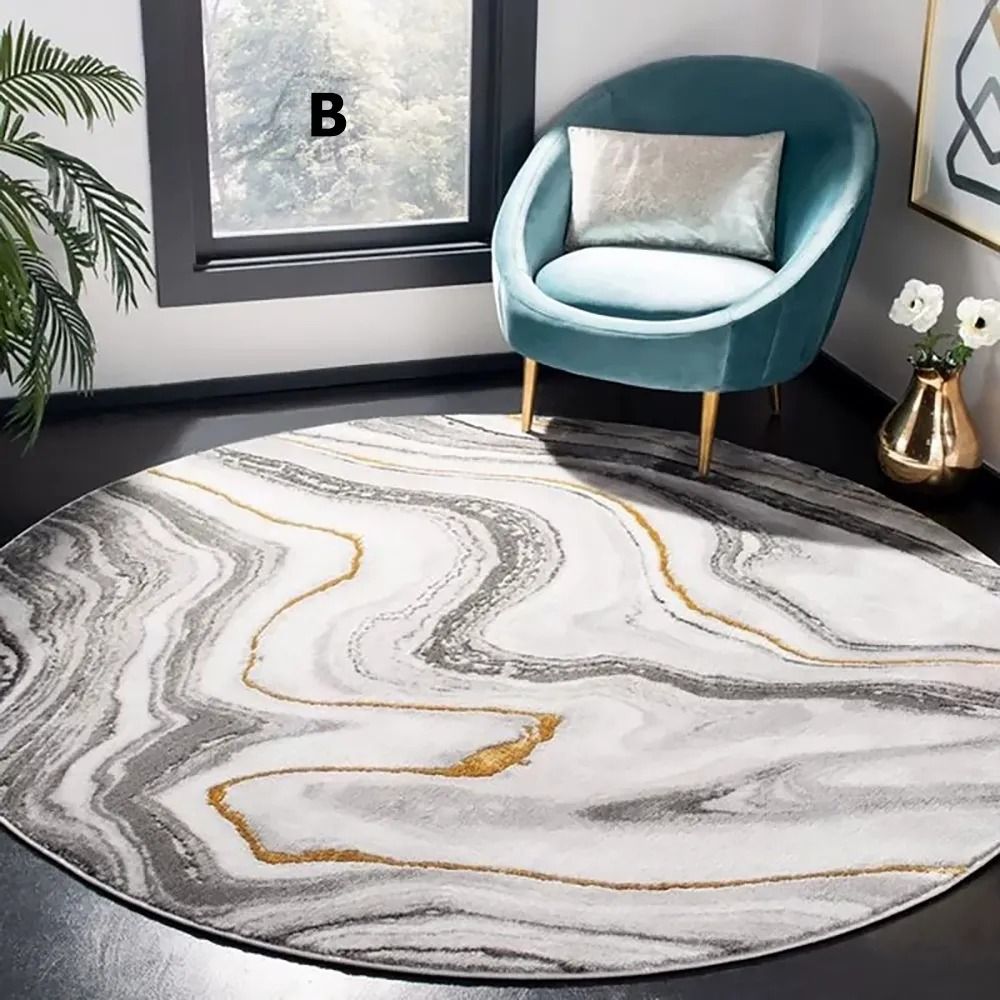 Modern Gray and Gold Abstract Round Velvet Indoor Area Rug 4'